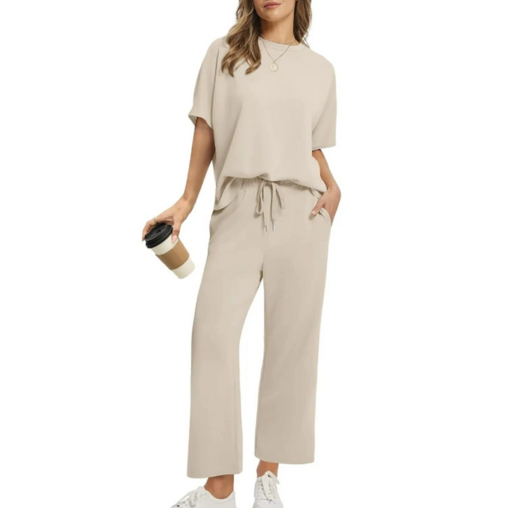 Aurora | Two-Piece Set with Round Neck Top and Wide Leg Trousers