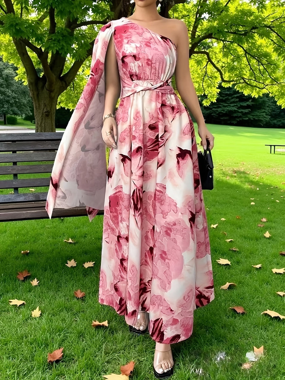 Irene | Maxi Wedding Guest Dress with One Shoulder and Floral Print
