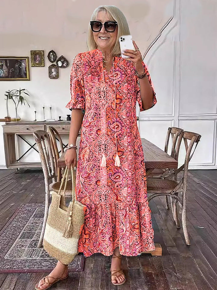 Gene | Midi Summer Dress with Boho Print and Tassel Tie