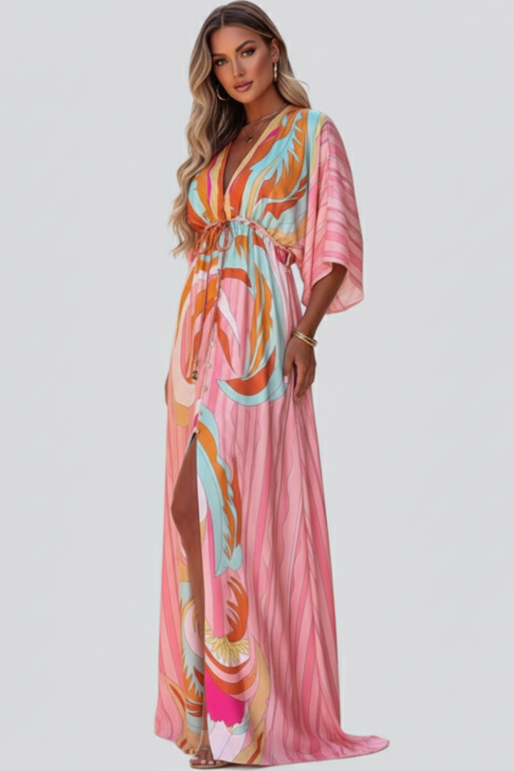 Zoe | Maxi Holiday Dress with Abstract Print and Batwing Sleeves