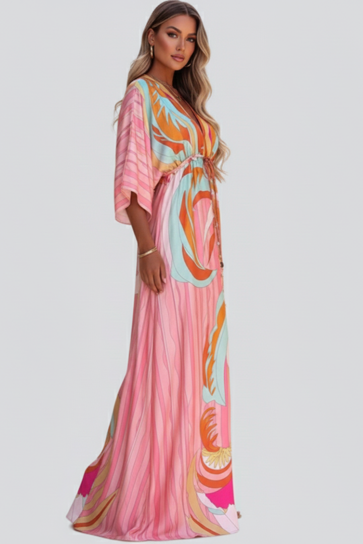 Zoe | Maxi Holiday Dress with Abstract Print and Batwing Sleeves