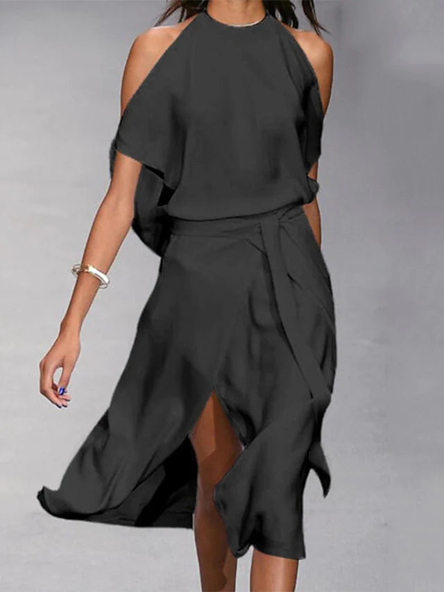 Sharon | Midi Halter Neck Dress with Cold Shoulder