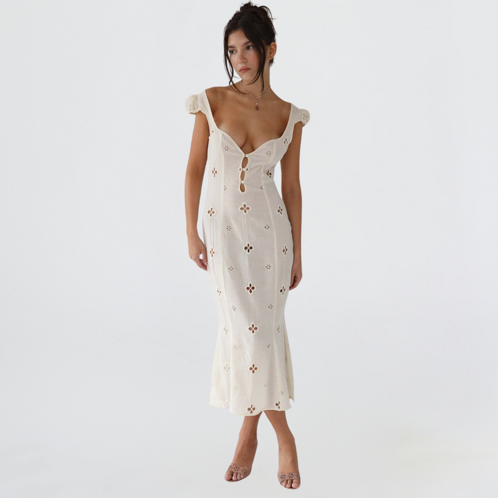 Kimberly | Midi Wedding Guest Dress with Embroidered Detail and Sweetheart Neck