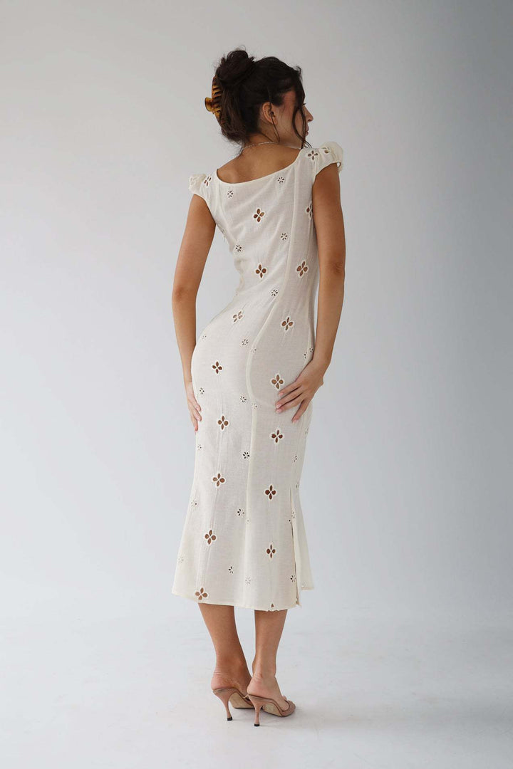 Kimberly | Midi Wedding Guest Dress with Embroidered Detail and Sweetheart Neck
