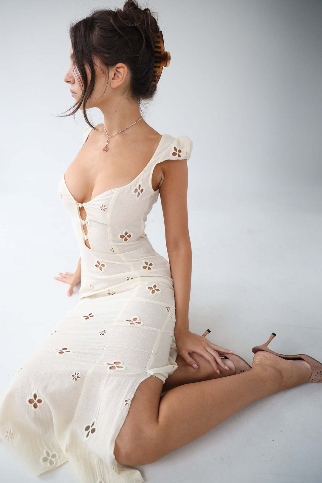 Kimberly | Midi Wedding Guest Dress with Embroidered Detail and Sweetheart Neck