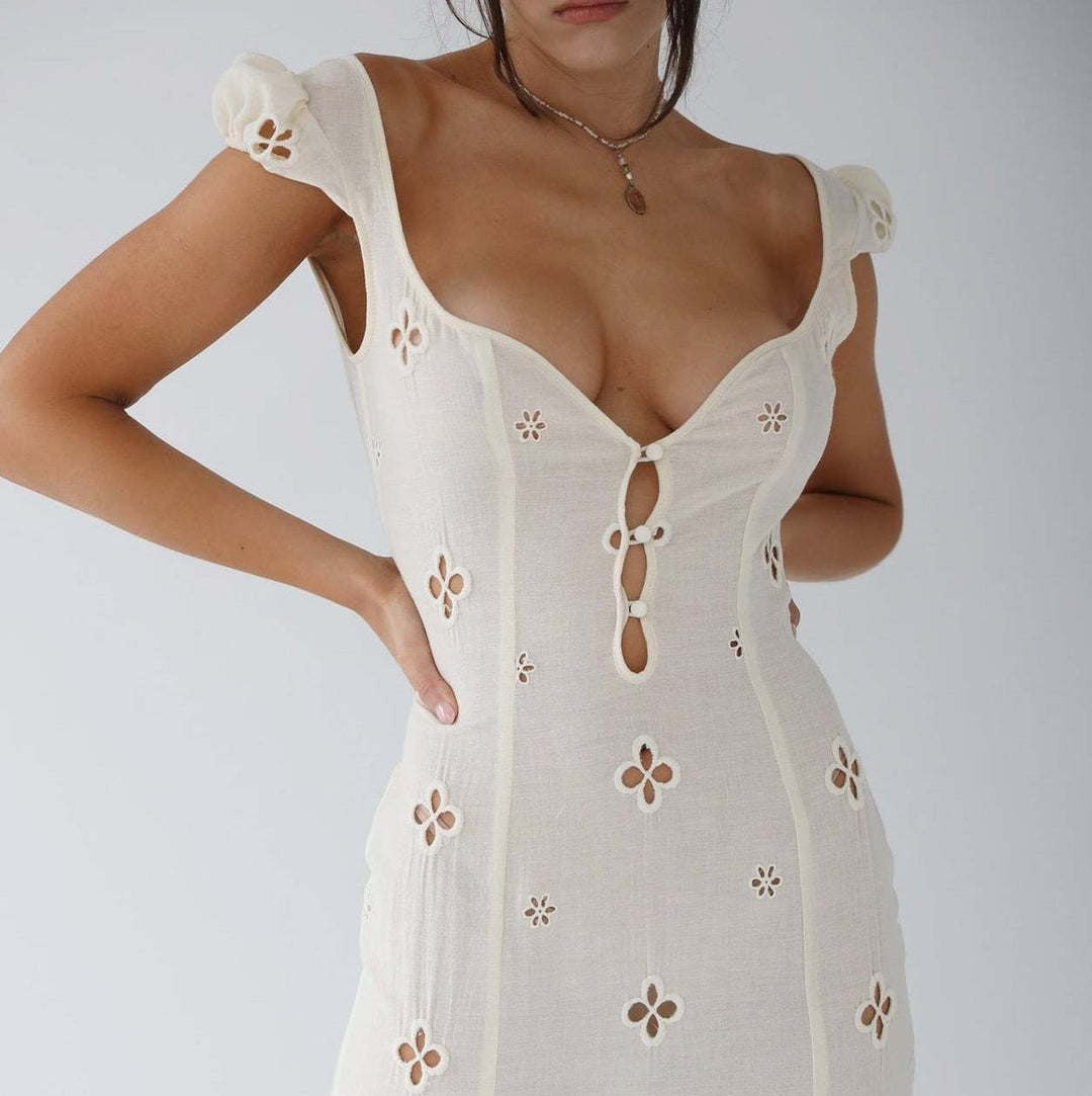 Kimberly | Midi Wedding Guest Dress with Embroidered Detail and Sweetheart Neck