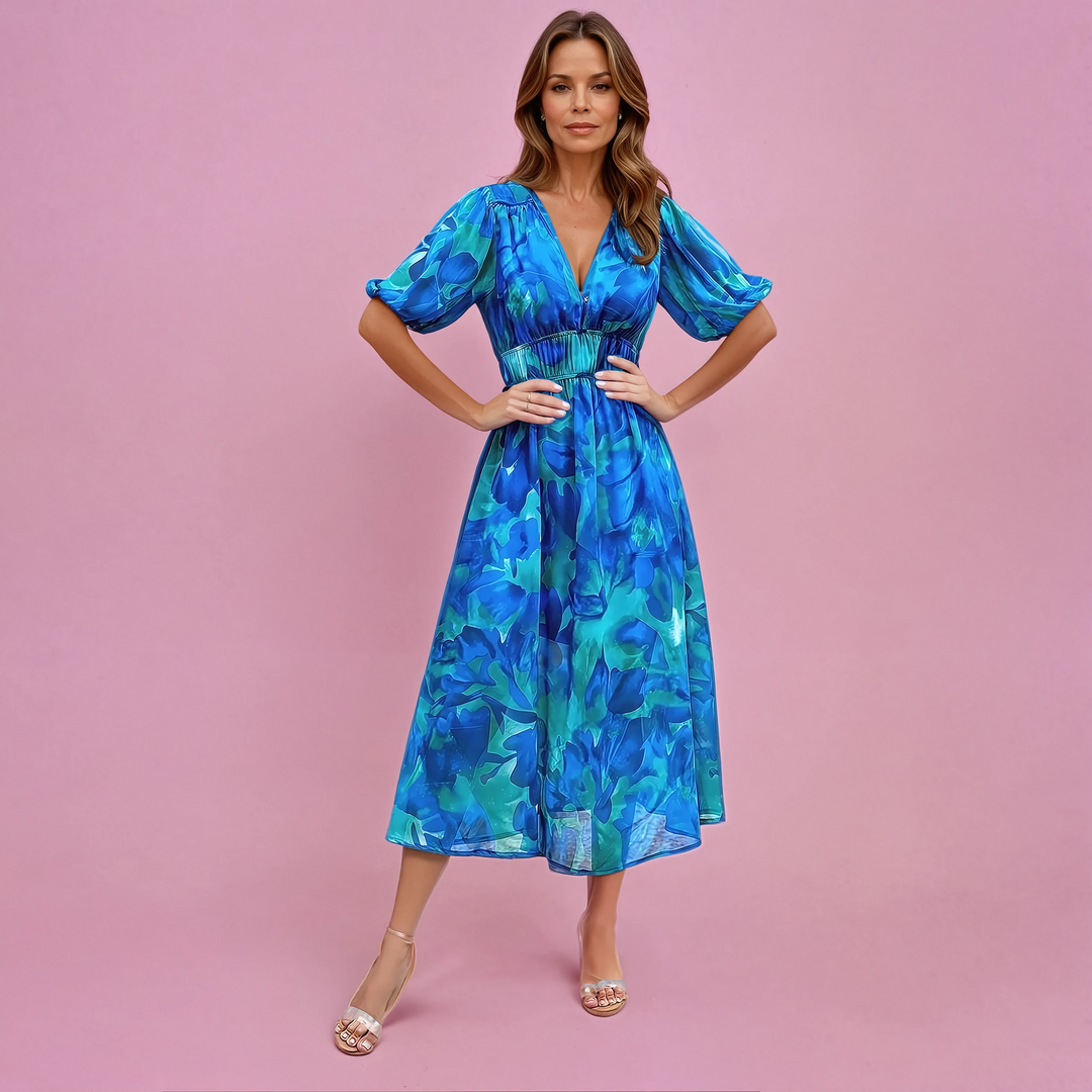 Ingrid | Midi Wedding Guest Dress with Floral Print and V-Neck