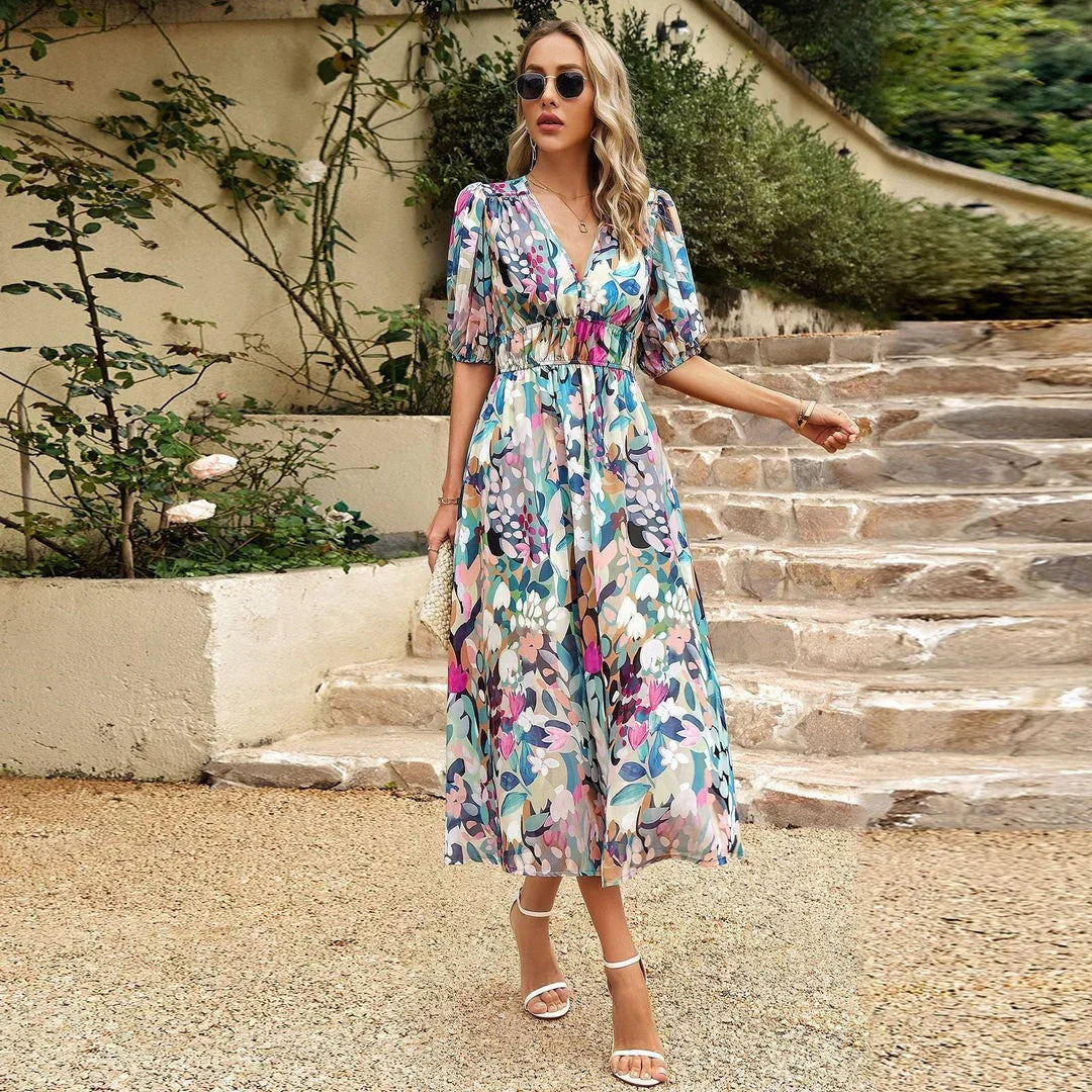 Innova | Midi Summer Dress with Floral Print and V-Neck