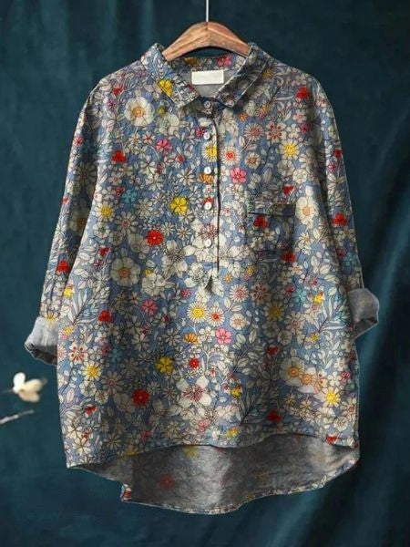 Flora | Floral Print Blouse with Shirt Collar and Long Sleeves