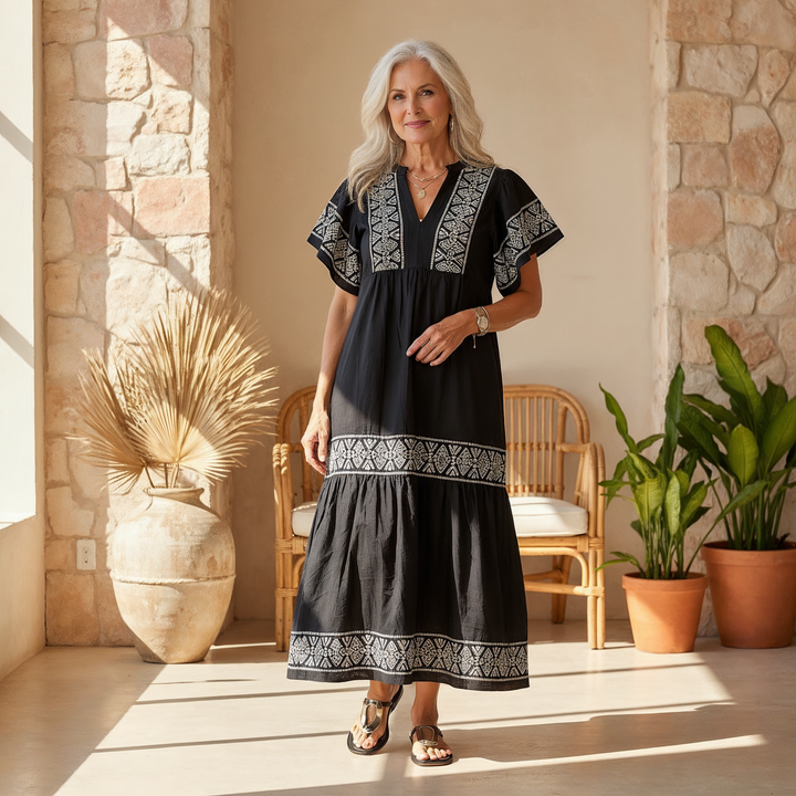 Kylie | Midi Summer Dress with Embroidered Detail and V-Neck