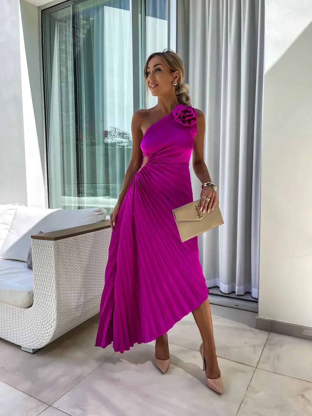 Lizbeth | Midi Wedding Guest Dress with One Shoulder and Pleated Skirt