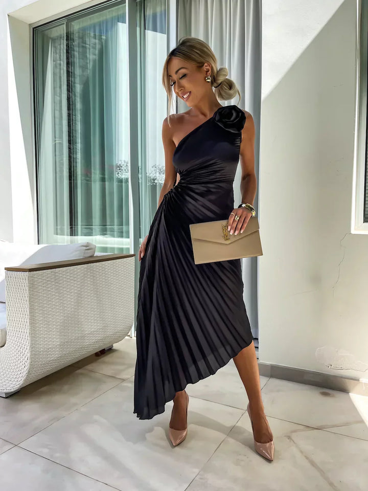 Lizbeth | Midi Wedding Guest Dress with One Shoulder and Pleated Skirt
