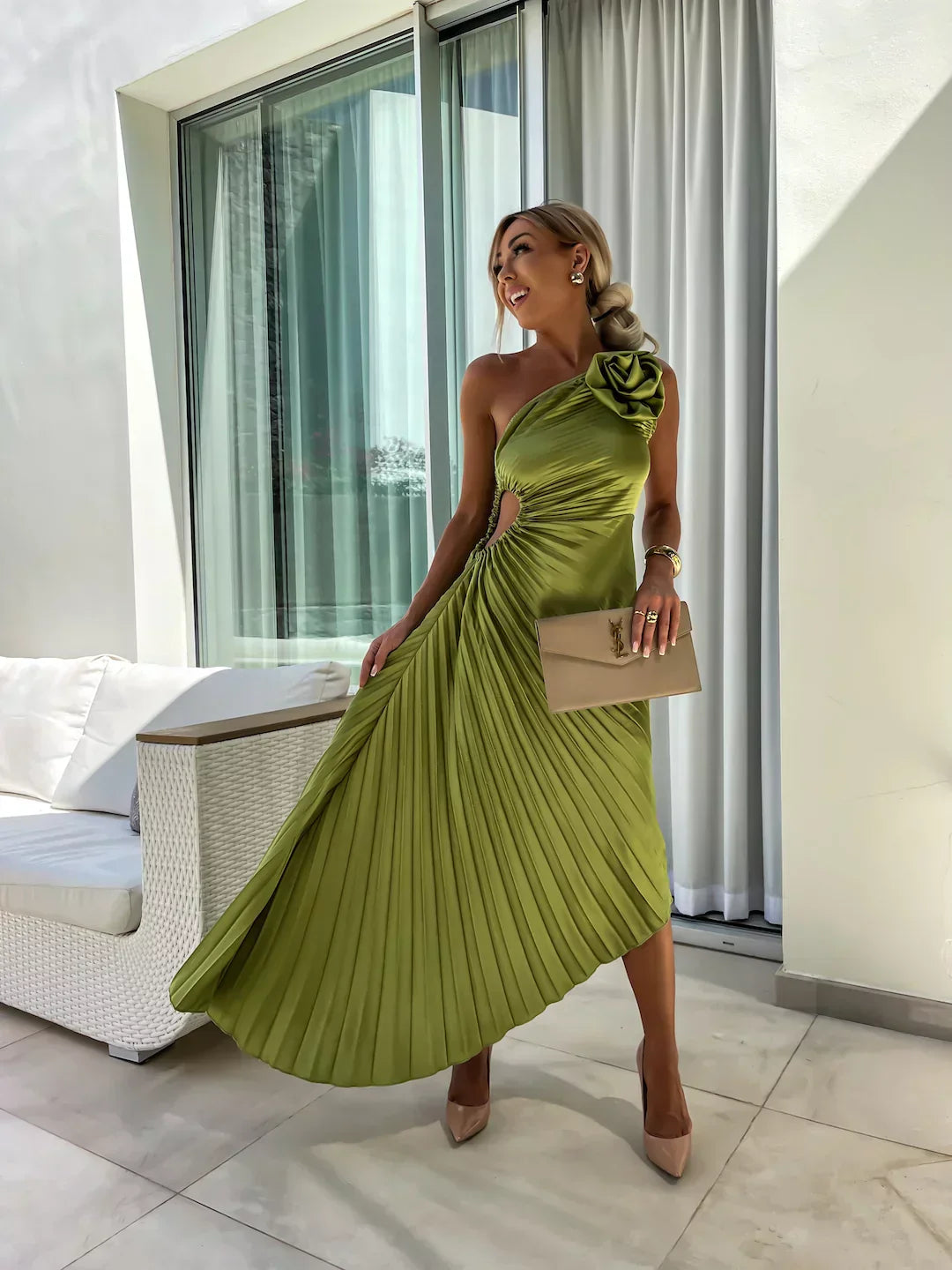 Lizbeth | Midi Wedding Guest Dress with One Shoulder and Pleated Skirt