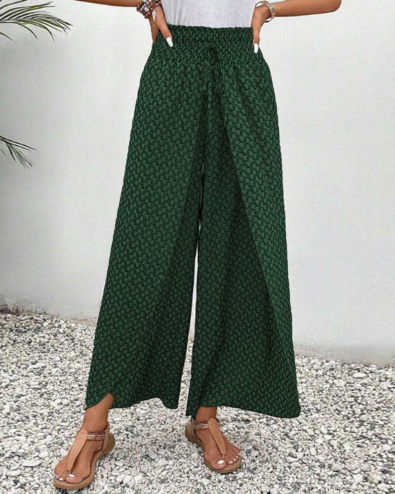 Wia | Floral Print Wide-Leg Trousers with Smocked Waist and Ditsy Print