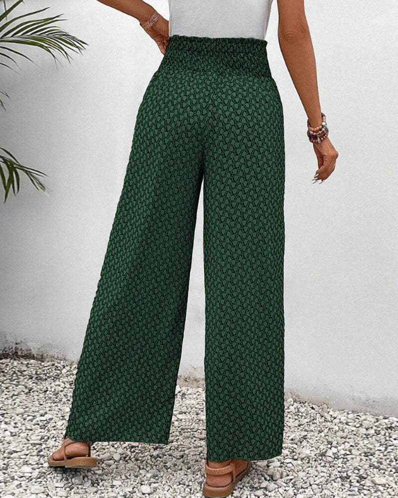 Wia | Floral Print Wide-Leg Trousers with Smocked Waist and Ditsy Print