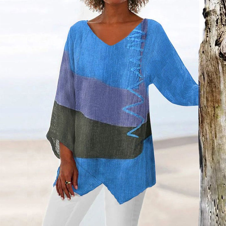 Margot | Colour Block Top with V Neckline and Three Quarter Sleeves