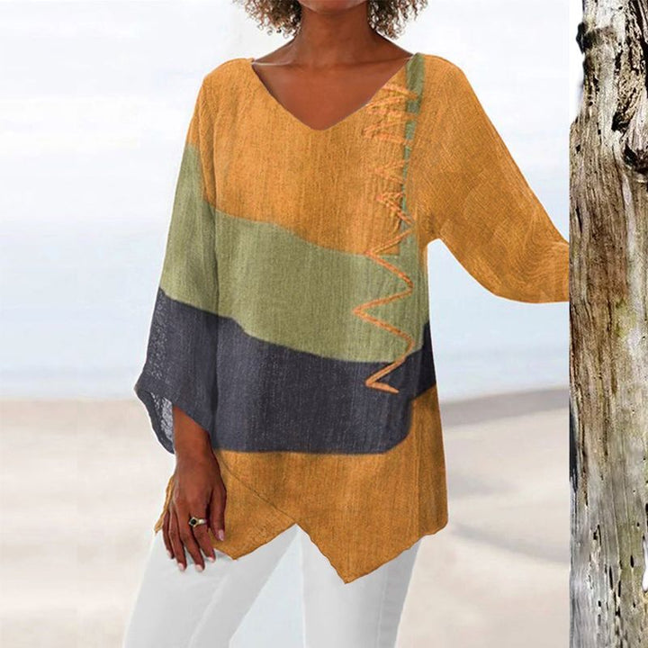 Margot | Colour Block Top with V Neckline and Three Quarter Sleeves