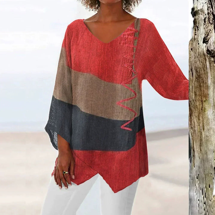 Margot | Colour Block Top with V Neckline and Three Quarter Sleeves