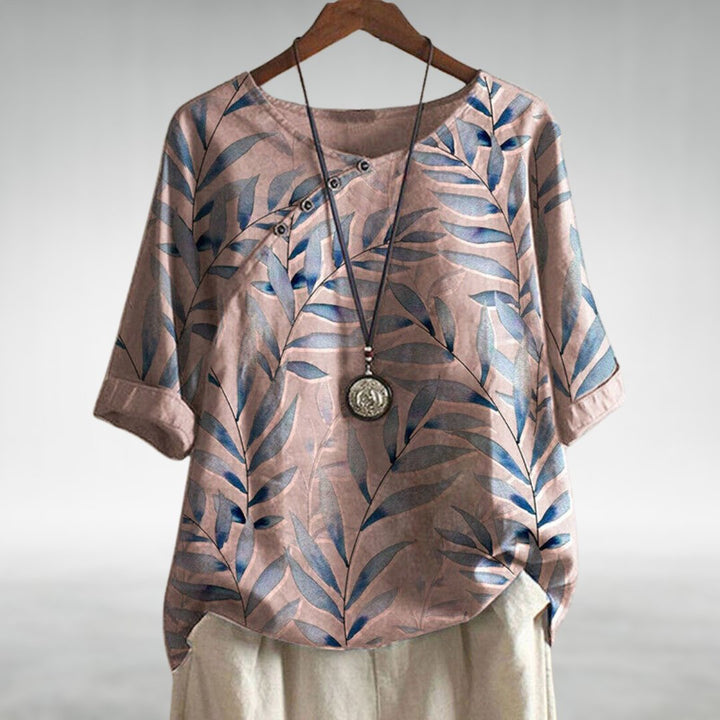 Willa | Leaf Print Blouse with Round Neckline and Short Sleeves