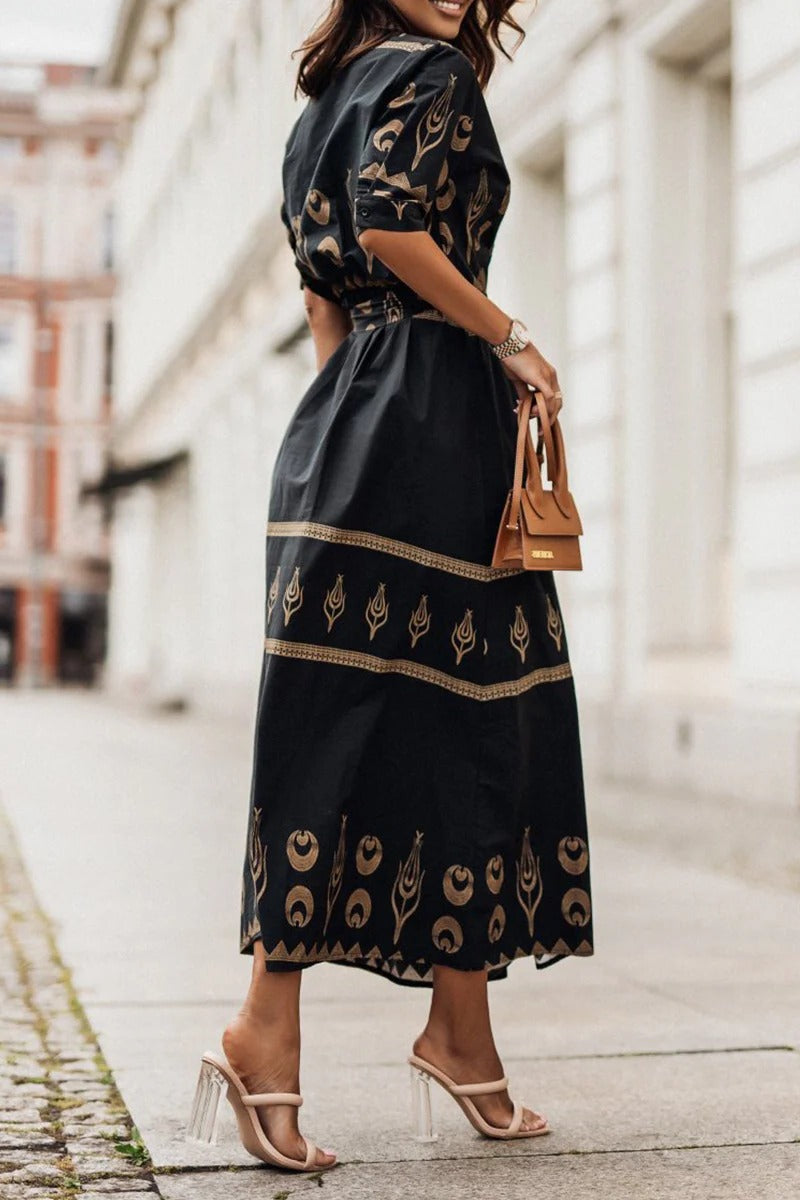 Fiona | Midi Summer Dress with Abstract Print and Belted Waist