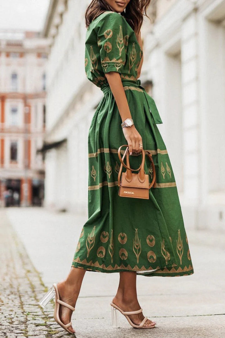 Fiona | Midi Summer Dress with Abstract Print and Belted Waist
