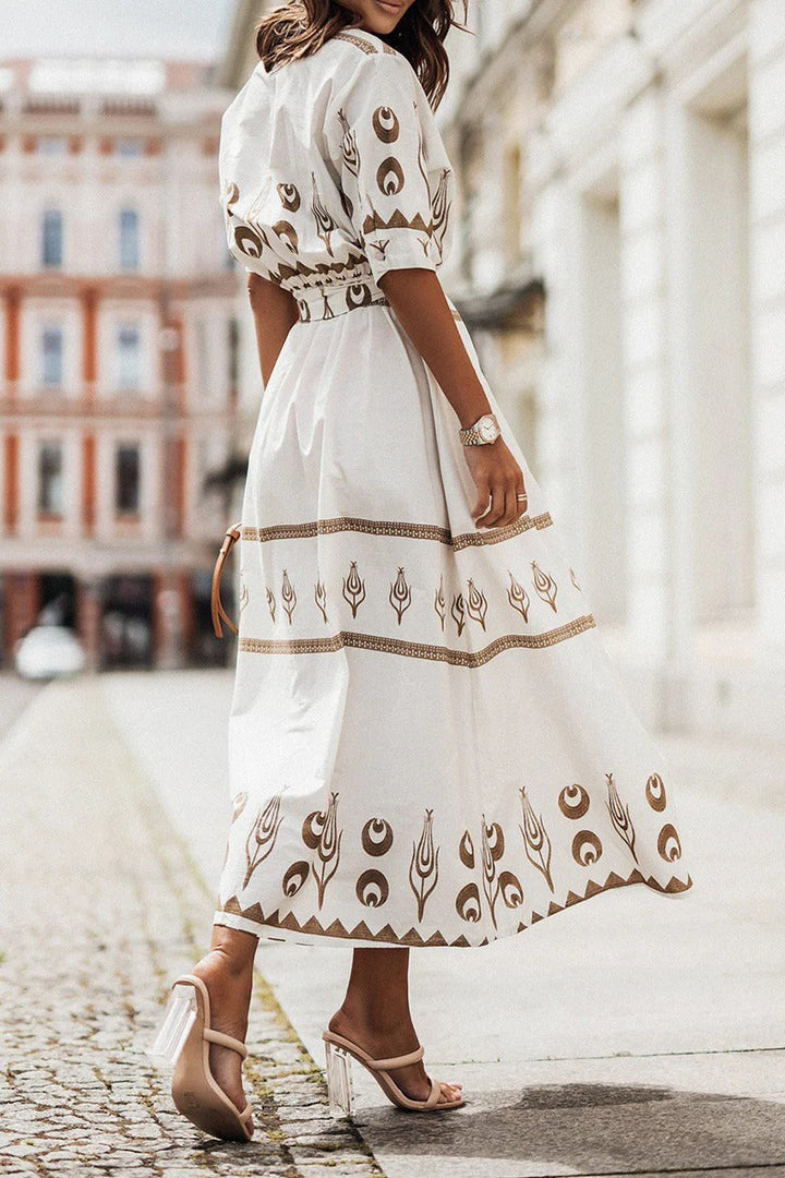 Fiona | Midi Summer Dress with Abstract Print and Belted Waist