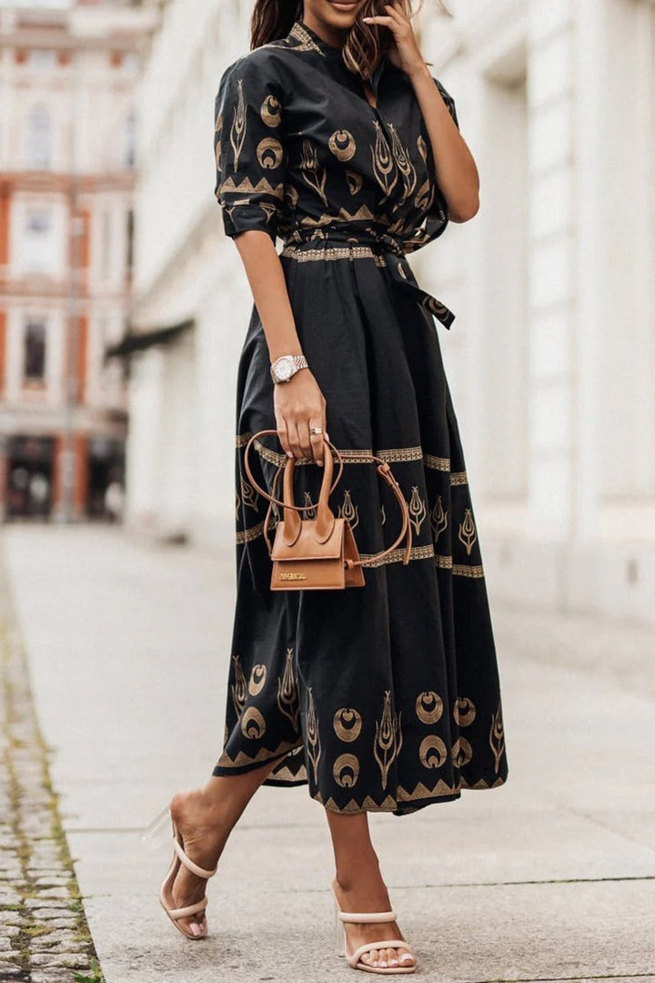 Fiona | Midi Summer Dress with Abstract Print and Belted Waist