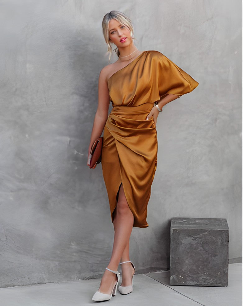 Layla | Midi Cocktail Dress with One Shoulder and Ruched Bodice