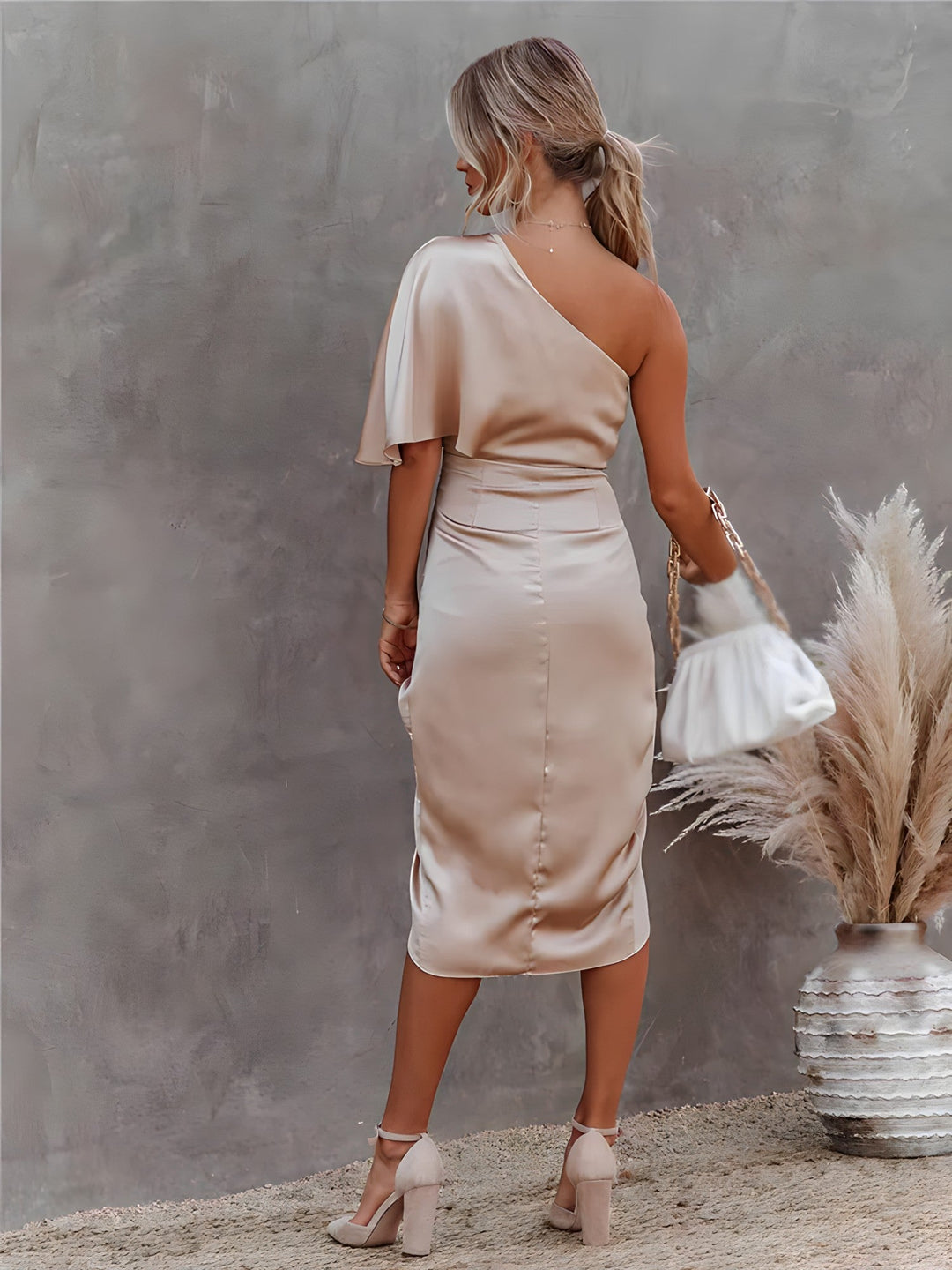 Ava | Midi Wedding Guest Dress with One Shoulder and Draped Bodice