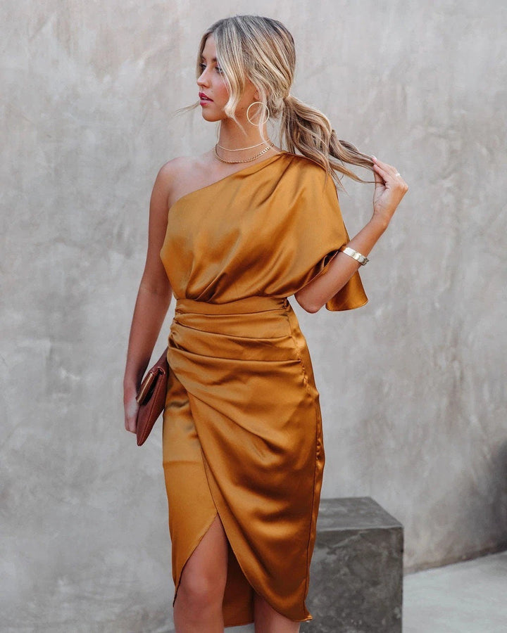 Beth | Midi Wedding Guest Dress with One Shoulder and Side Slit