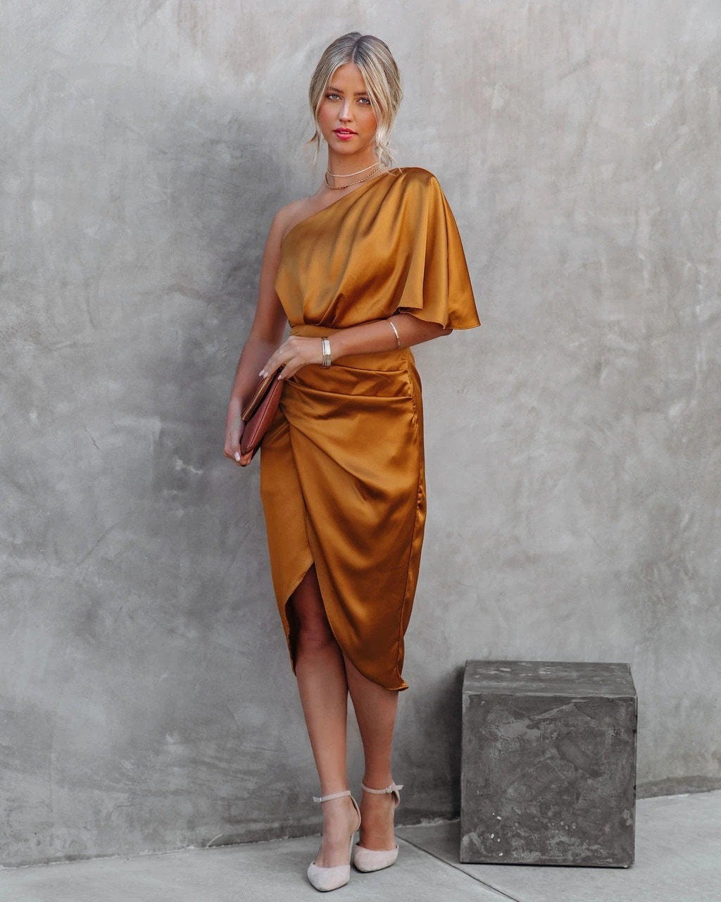 Beth | Midi Wedding Guest Dress with One Shoulder and Side Slit