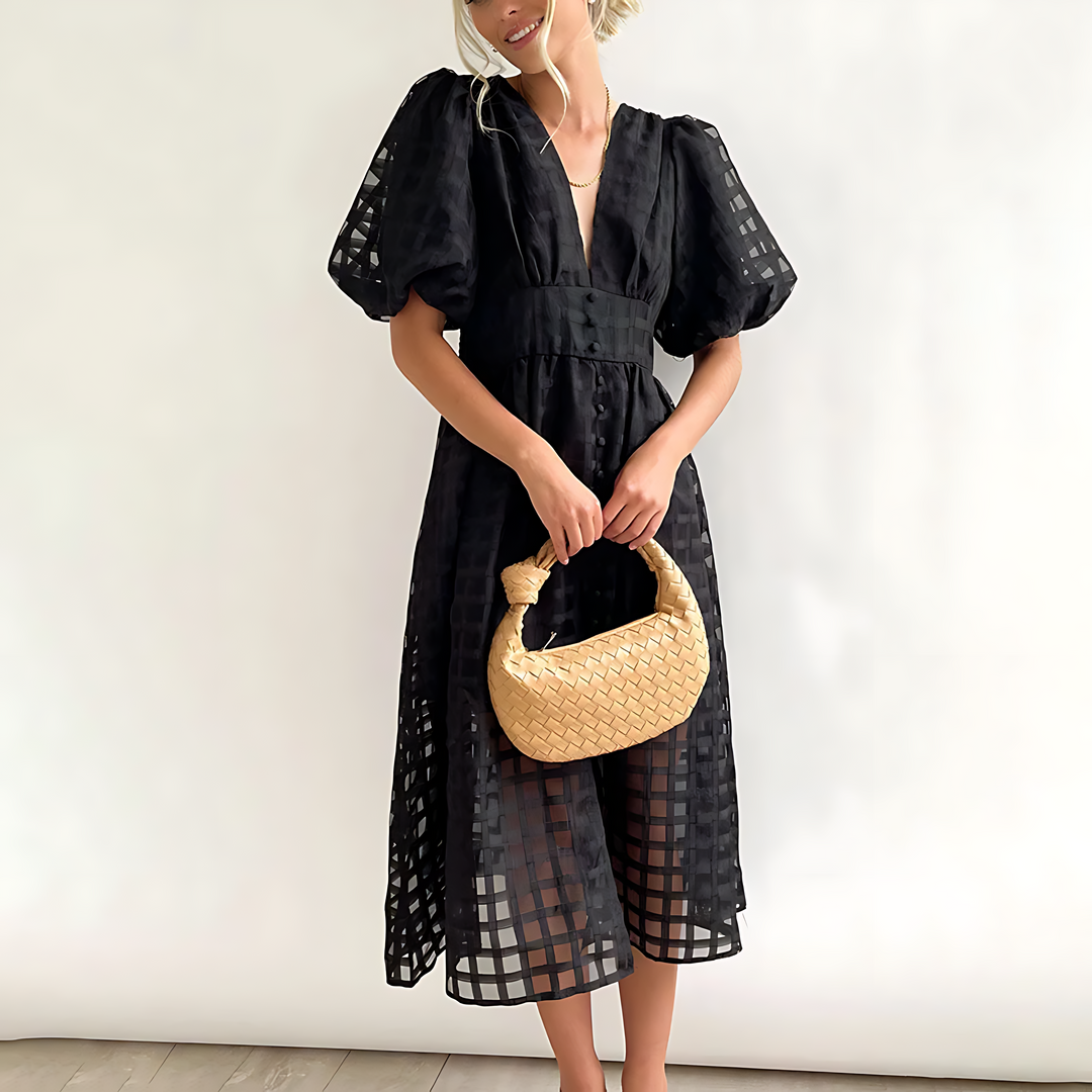 Juli | Midi Summer Dress with V-Neck and Puff Sleeves