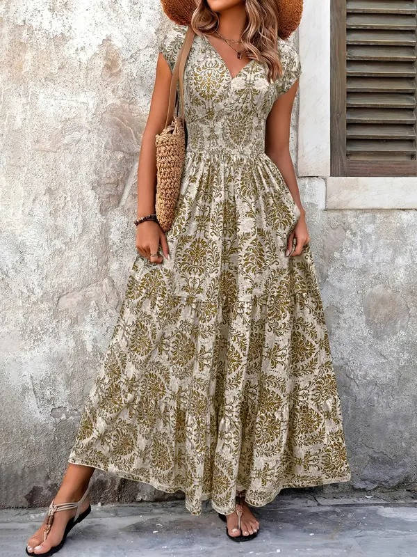 Emma | Midi Floral Print Dress with V-Neck and Sleeveless Bodice