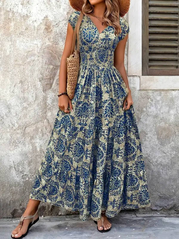 Emma | Midi Floral Print Dress with V-Neck and Sleeveless Bodice