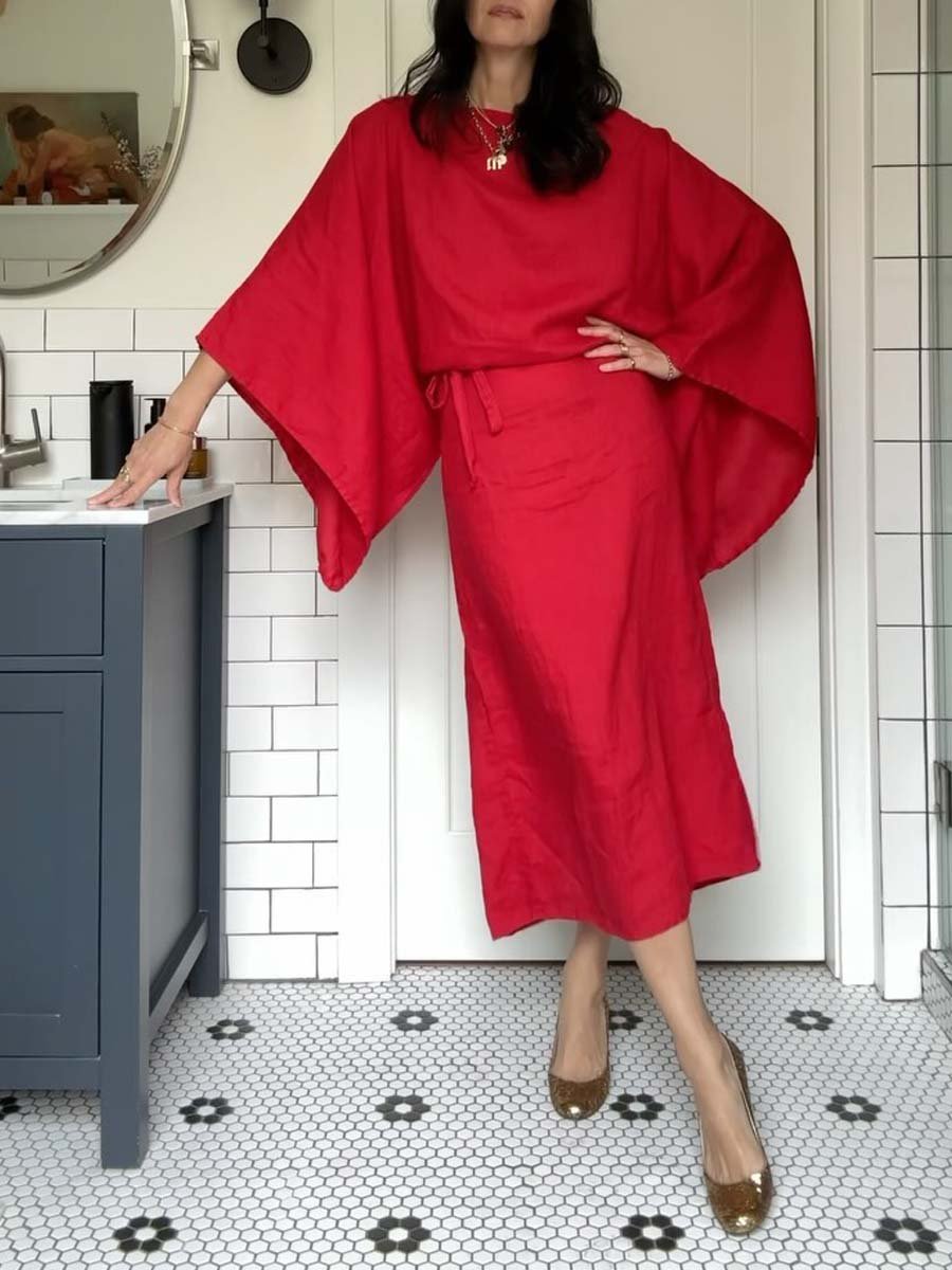 Gianna | Midi Cocktail Dress with Kimono Sleeves and Belted Waist