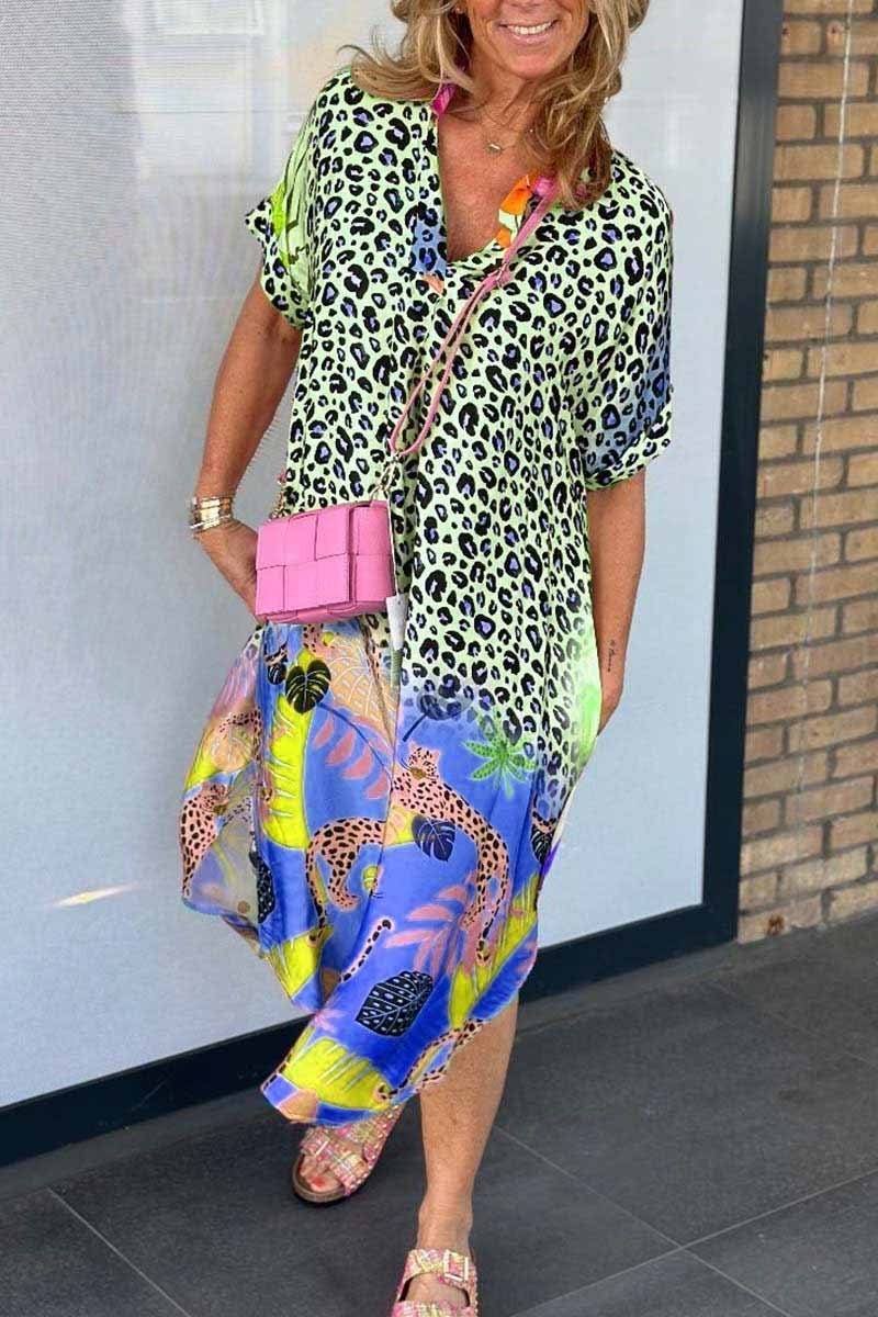 Irene | Midi Summer Dress with Leopard Print and Short Sleeves