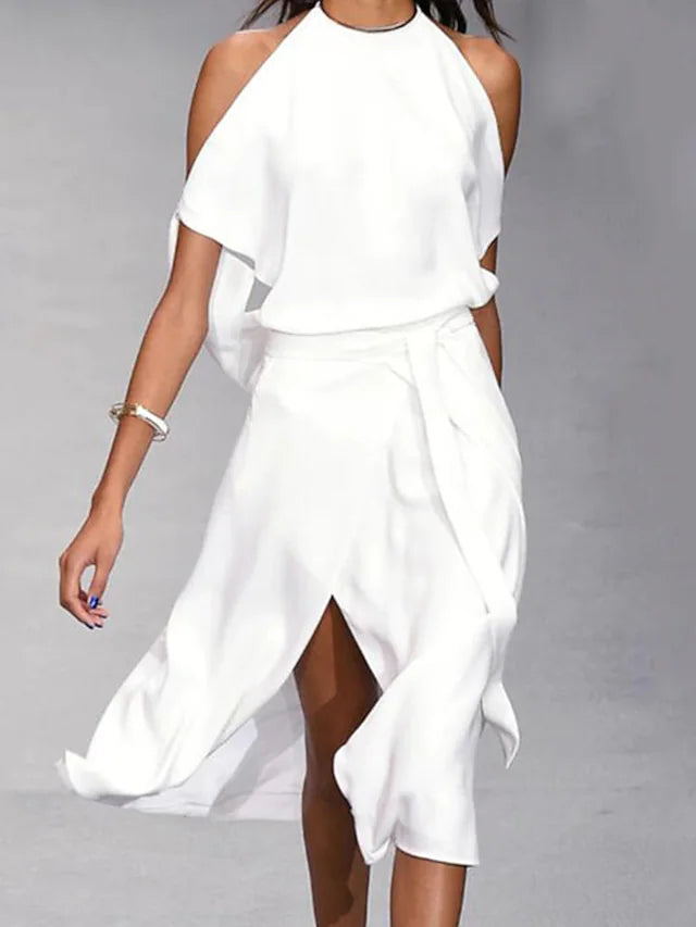 Sharon | Midi Halter Neck Dress with Cold Shoulder