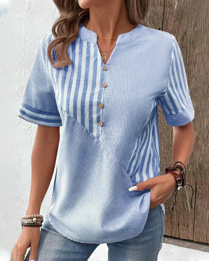 Polly | Striped Top with V Neckline and Button Detail