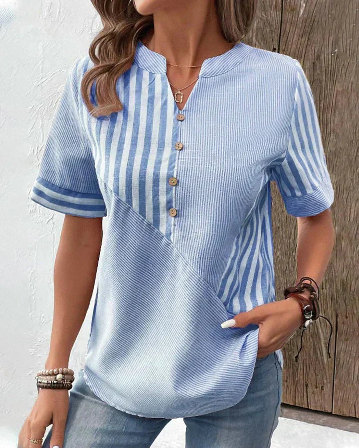 Polly | Striped Top with V Neckline and Button Detail