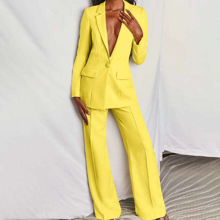Serena | Blazer Set with Wide Leg Trousers and Deep V Lapel