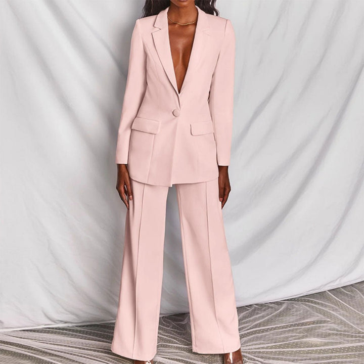 Serena | Blazer Set with Wide Leg Trousers and Deep V Lapel