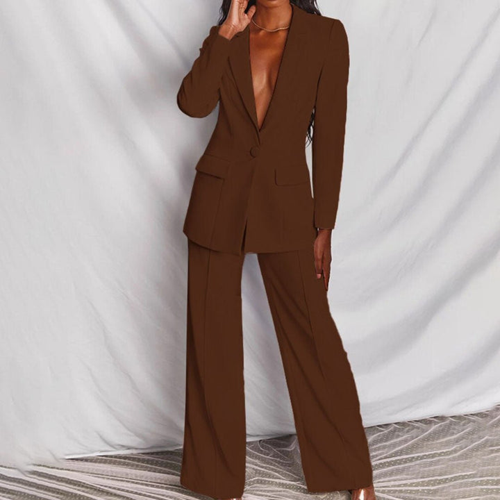 Serena | Blazer Set with Wide Leg Trousers and Deep V Lapel