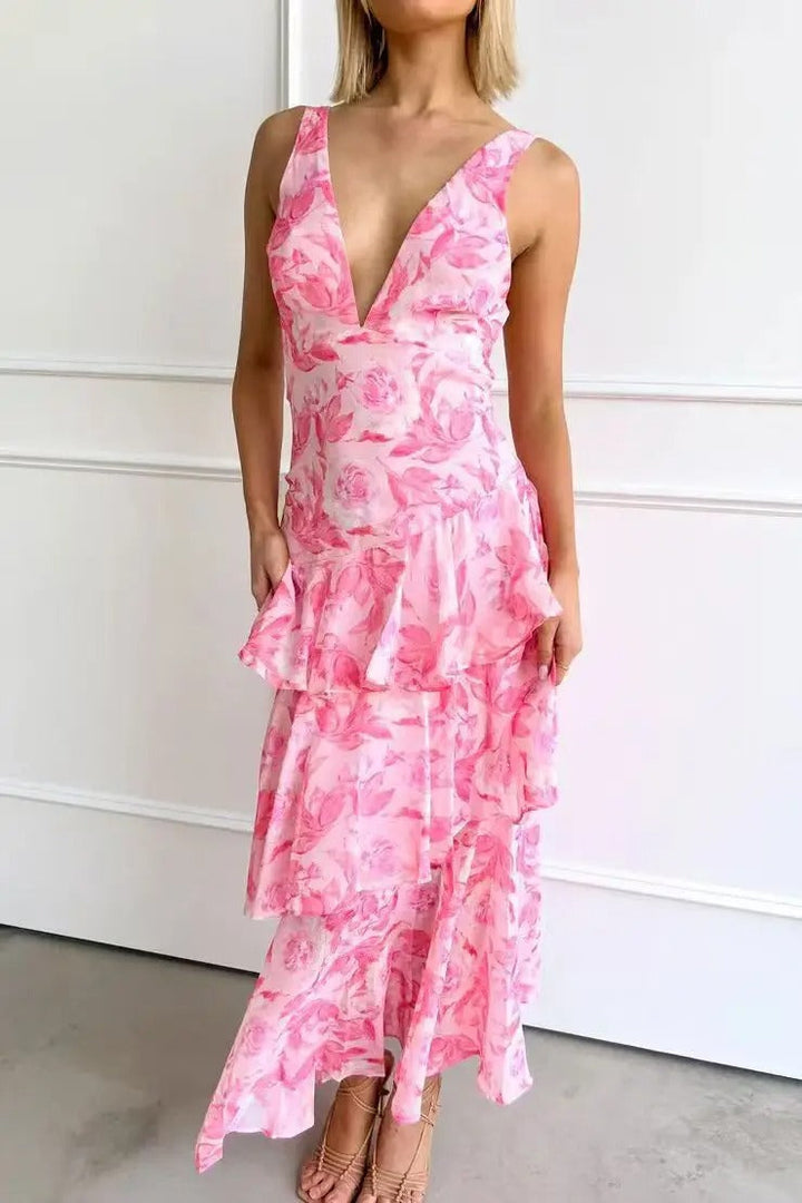 Maria | Maxi Wedding Guest Dress with Floral Print and Tiered Skirt