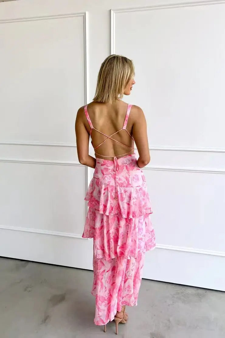 Maria | Maxi Wedding Guest Dress with Floral Print and Tiered Skirt