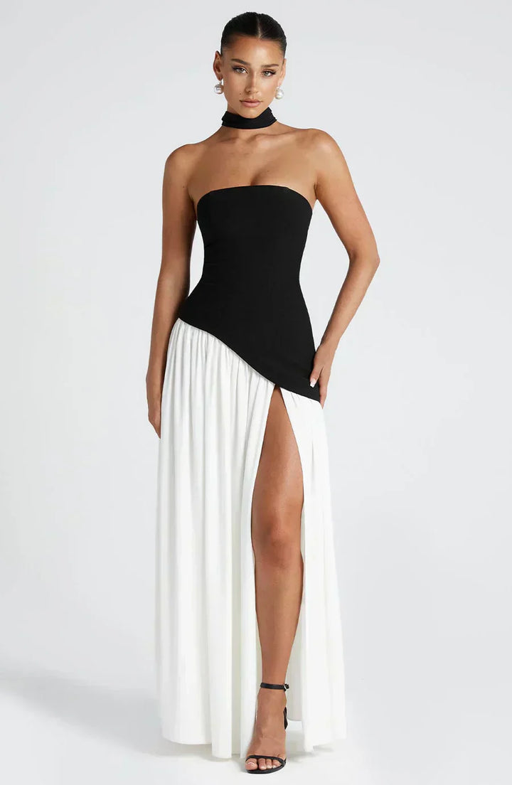 Fiona | Maxi Wedding Guest Dress with Strapless Bodice and Asymmetric Hem