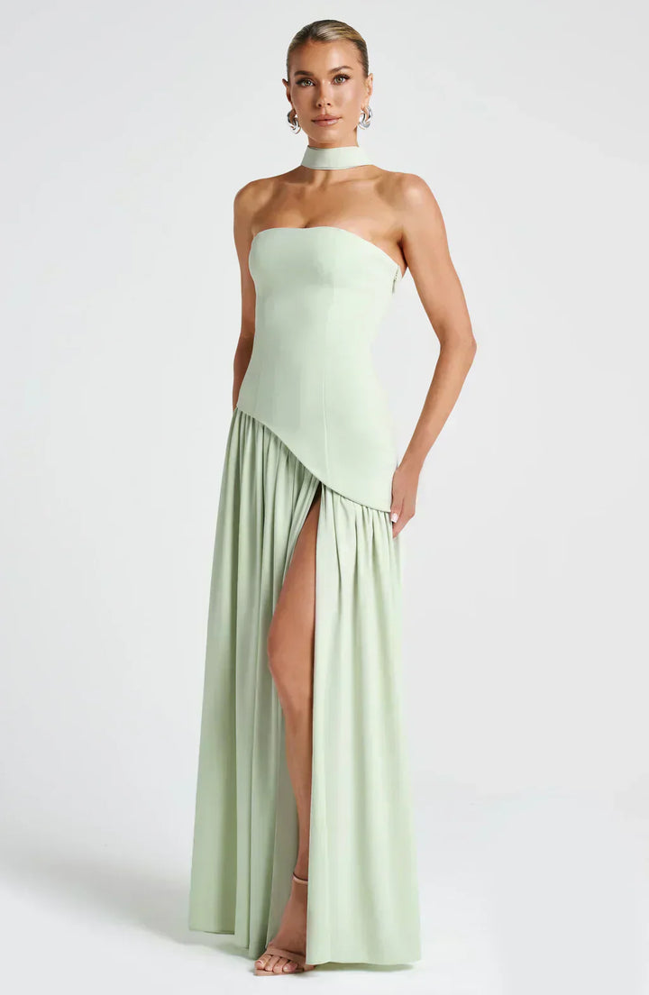 Fiona | Maxi Wedding Guest Dress with Strapless Bodice and Asymmetric Hem