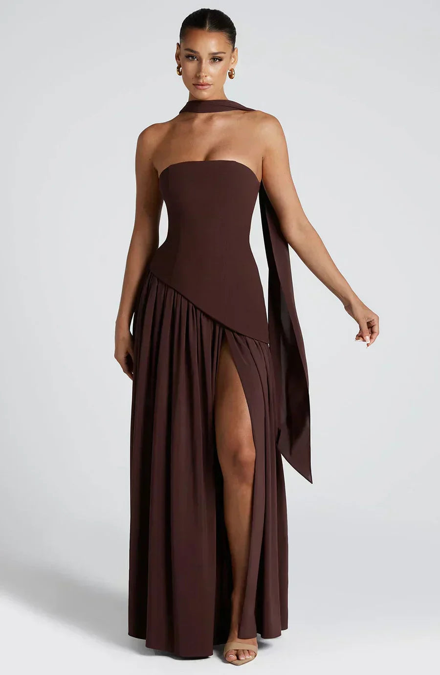 Fiona | Maxi Wedding Guest Dress with Strapless Bodice and Asymmetric Hem