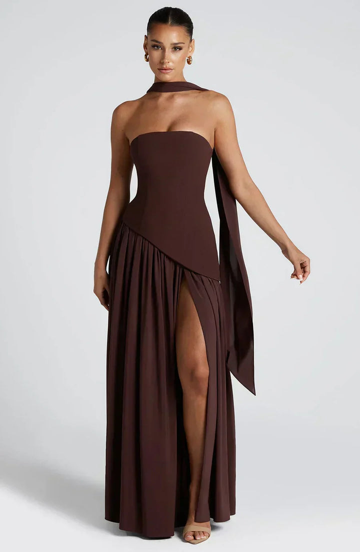 Fiona | Maxi Wedding Guest Dress with Strapless Bodice and Asymmetric Hem