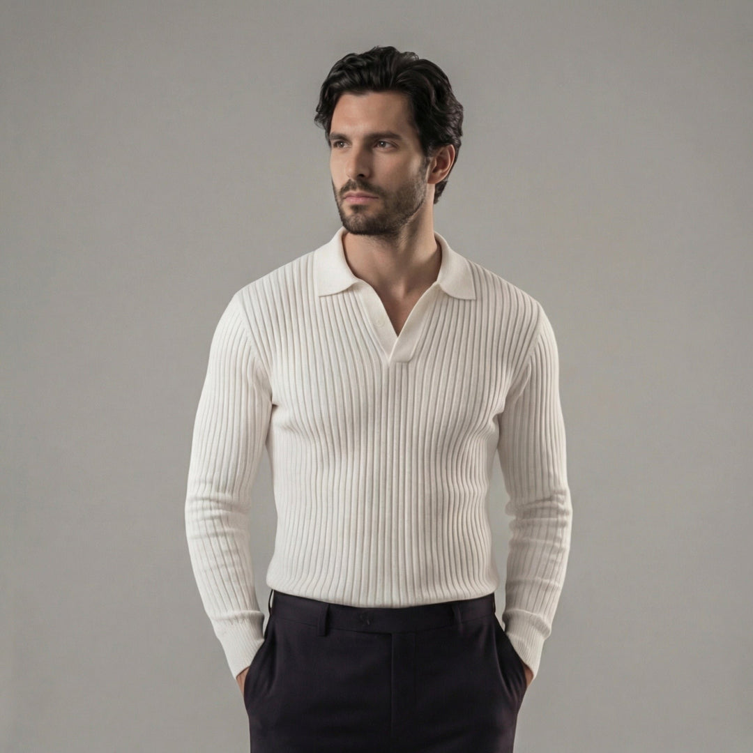 Men's Long Sleeved V-Neck Polo Shirt with Open Collar Hero
