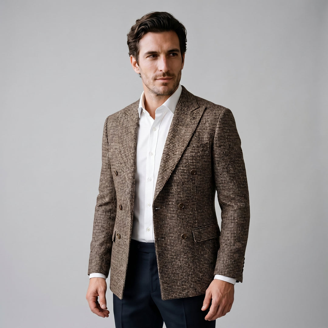 Men's Slim Fit Double-Breasted Blazer with Check Pattern Hero